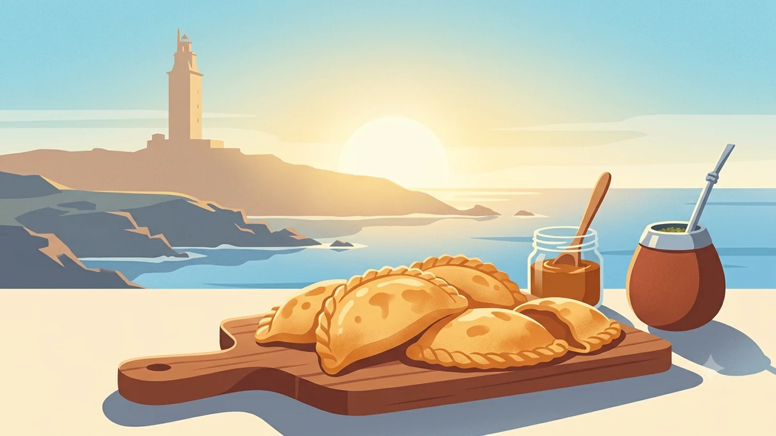 Comida argentina en A Coruña — empanadas y alfajores con silueta de la ciudad
