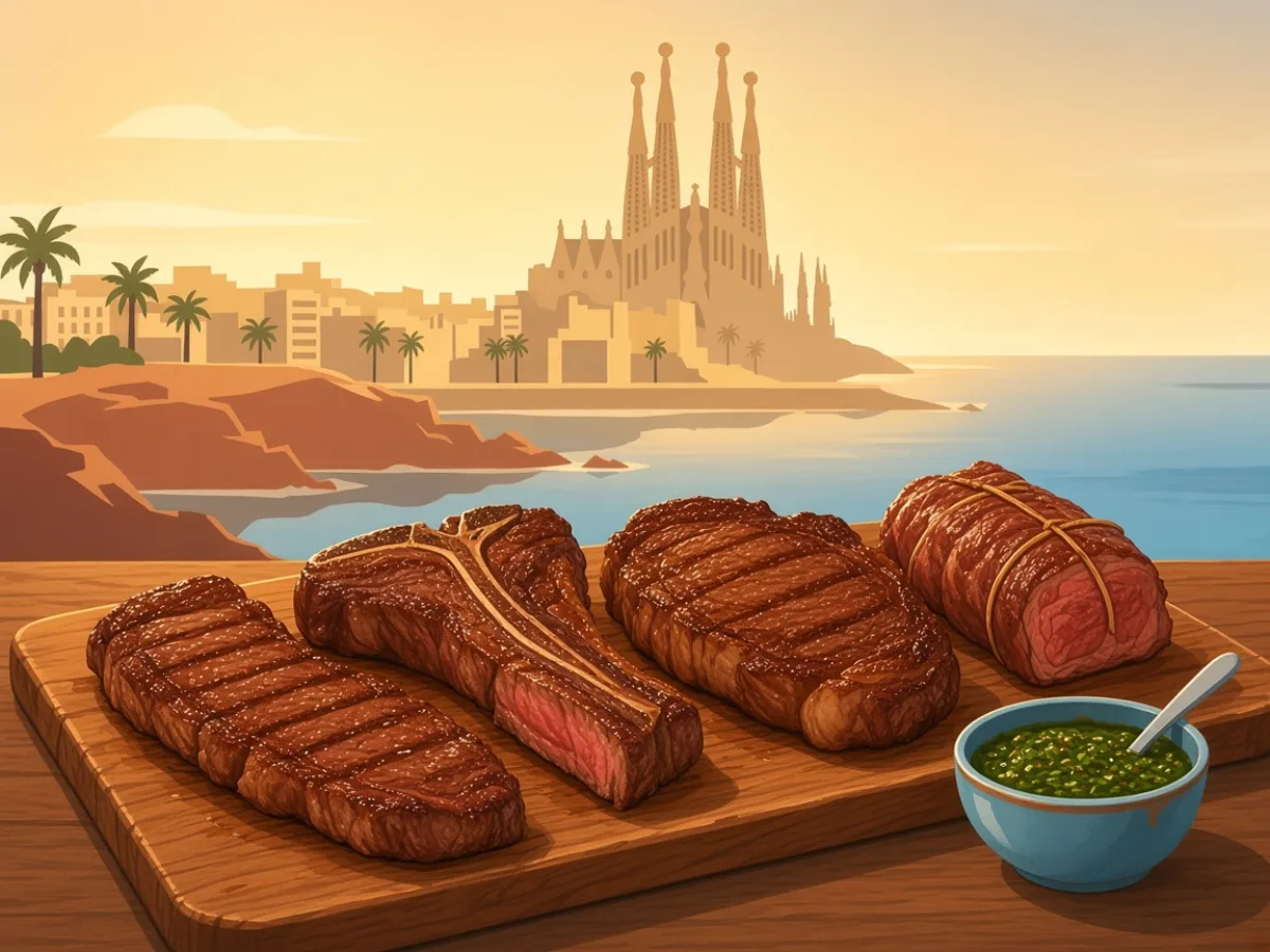 Four unlabeled beef cuts on a wooden board with chimichurri — vocabulary, not a butcher diagram