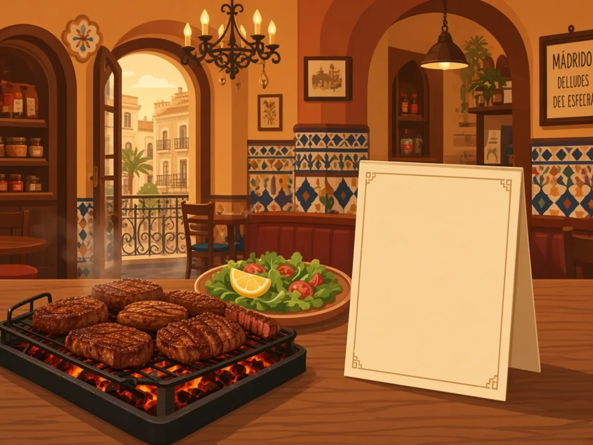 Blank folded menu card on a table with salad — if it only says Argentine steak, ask which cut