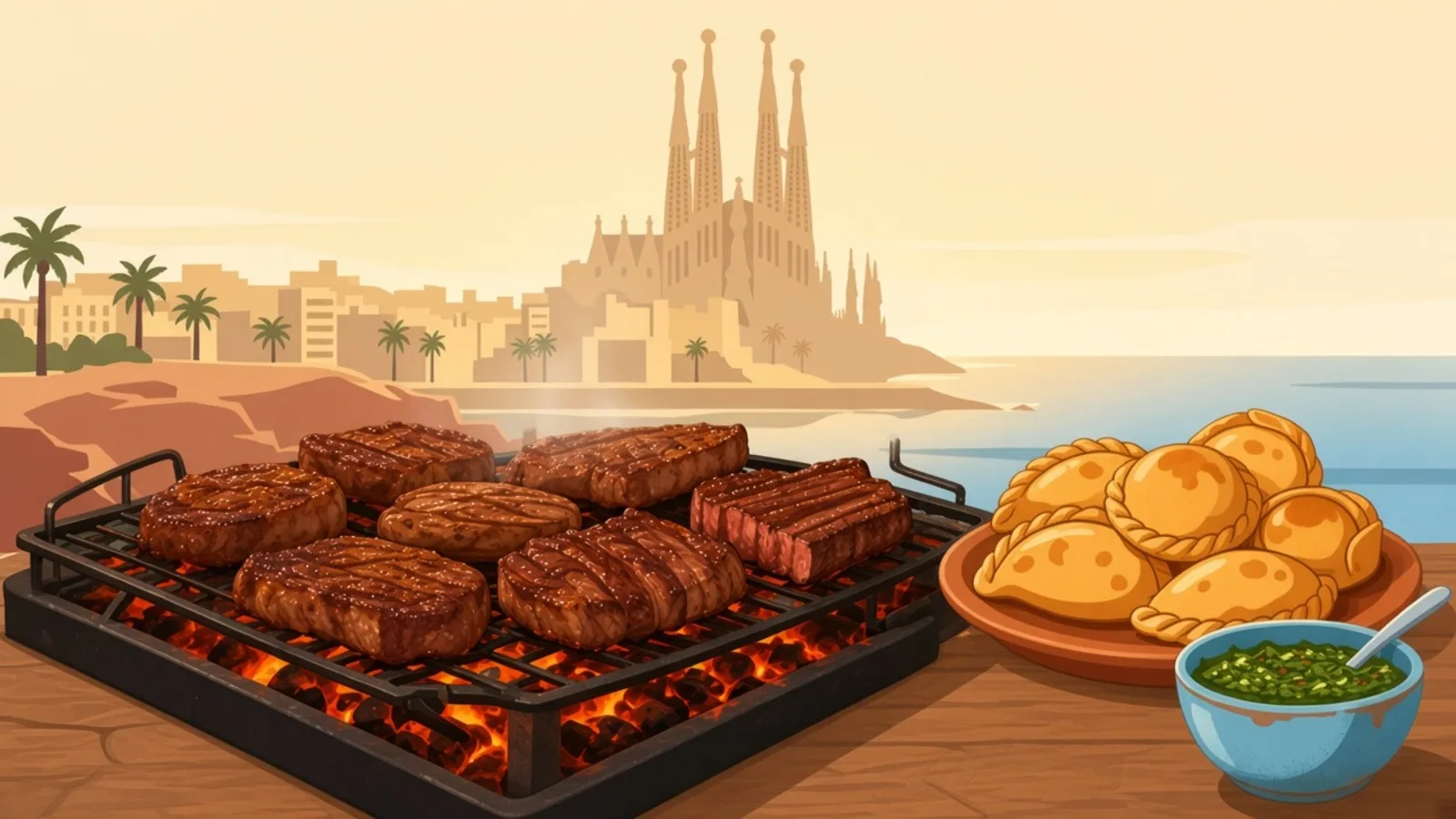 Several unlabeled beef cuts on a wooden board with chimichurri