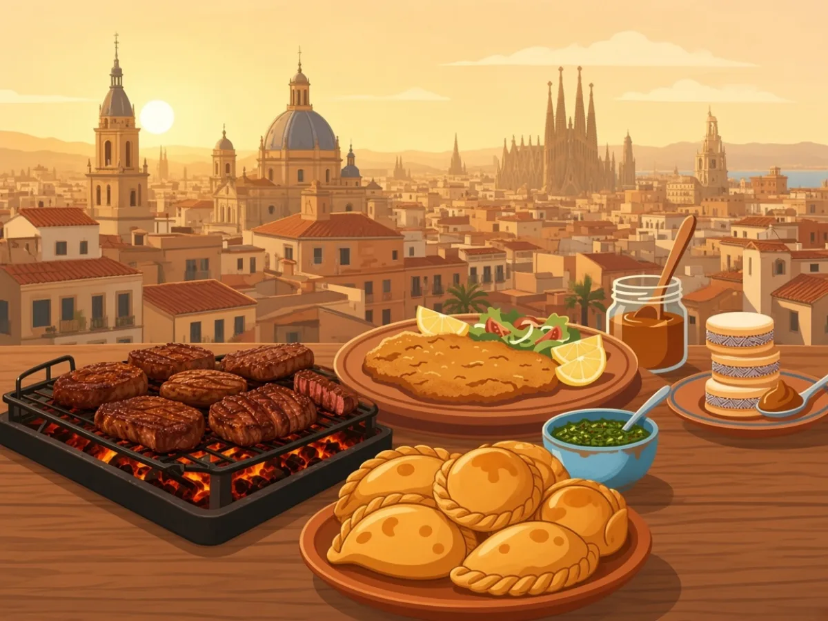 Empanadas and a small grill on a wooden table with a Spanish rooftop silhouette — start with the cheap tells
