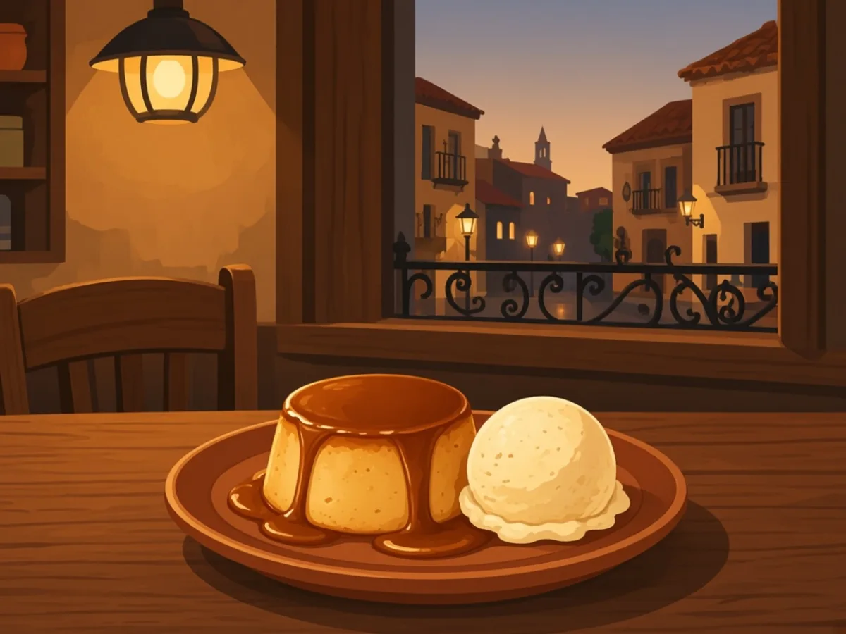 Dulce de leche dessert with ice cream in a tavern window — the meal is not finished at the steak