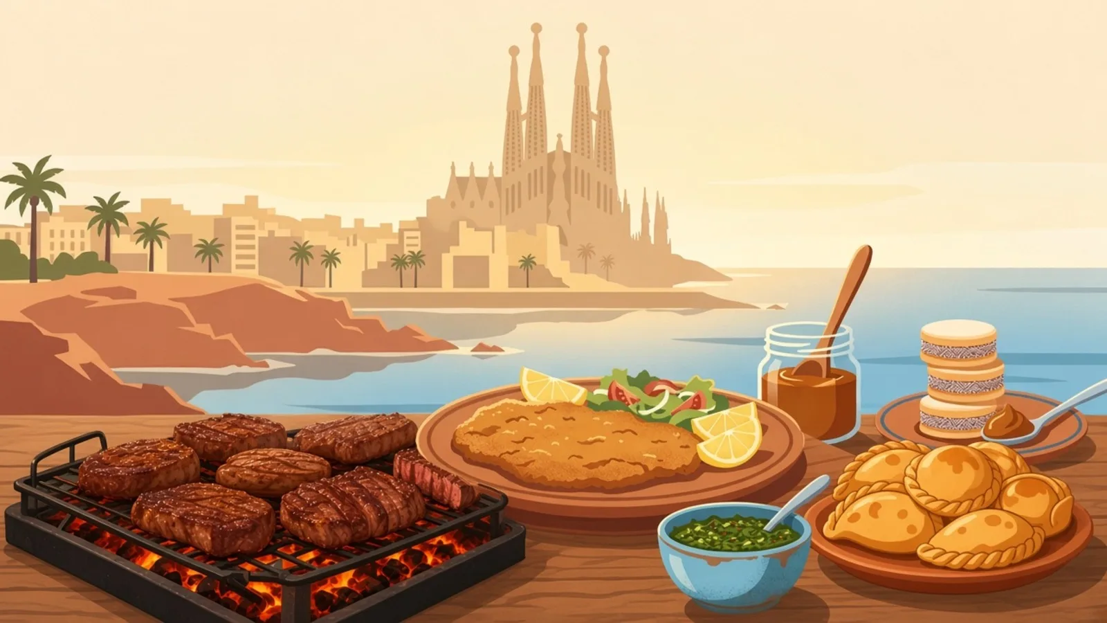 Milanesa, empanadas, chimichurri and steak on a table with a Spanish seafront behind