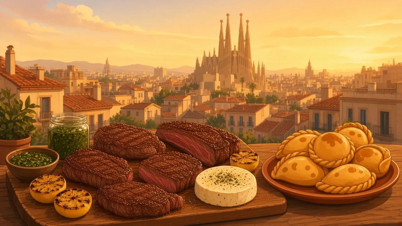 Cortes de carne sin etiquetar, chimichurri y empanadas, tejados españoles al fondo