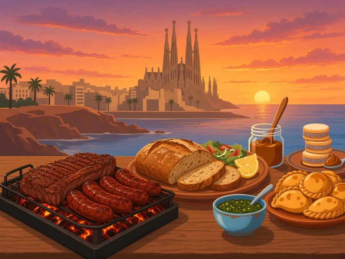 First-asado spread: chorizo, chimichurri, bread and a rib on the grill