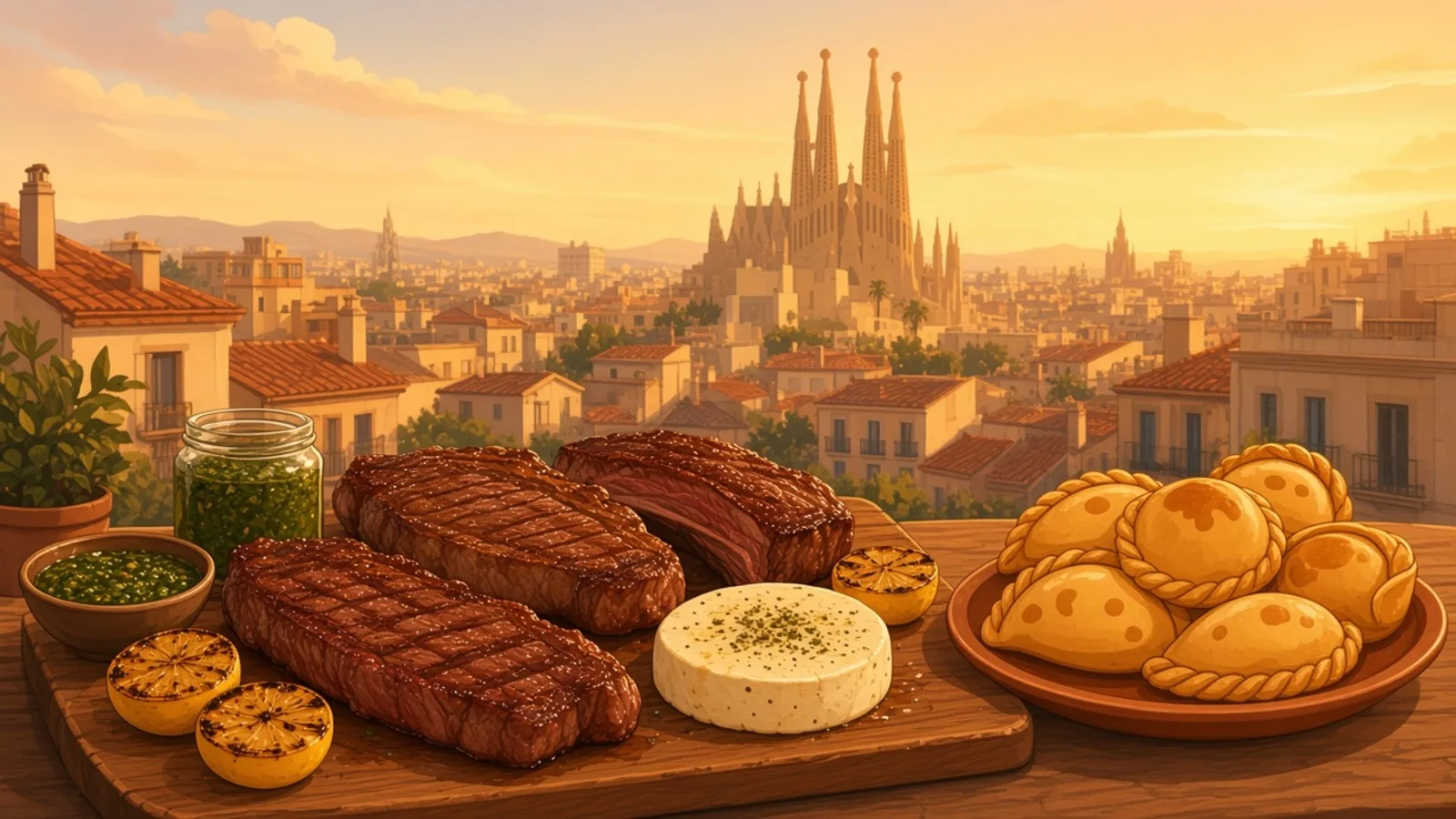 First asado spread with chimichurri, bread and a rib on the grill