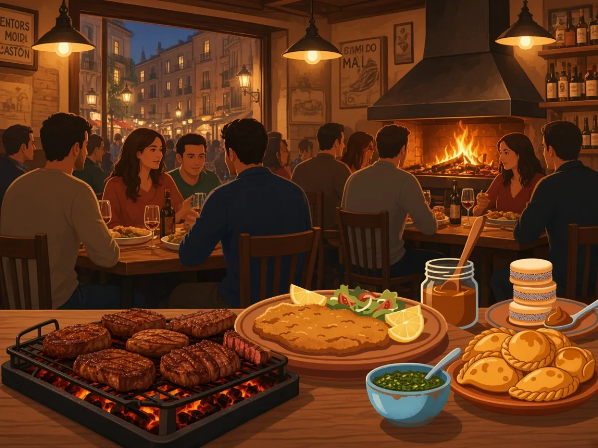 Packed anonymous steakhouse with hanging lamps and grill glow — spectacle lighting is a cost centre