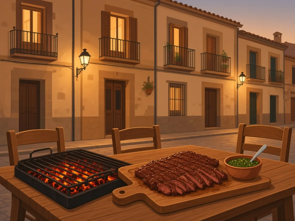 Neighbourhood parrilla with entraña, chimichurri and empty weekday chairs