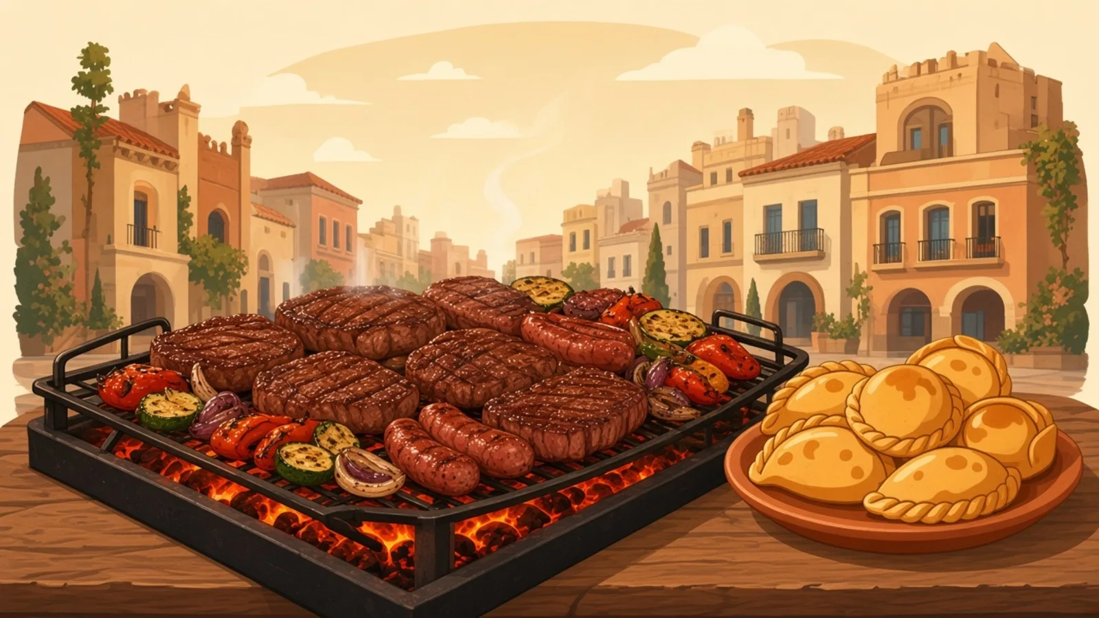 A packed Argentine grill with steaks and empanadas, Spanish city buildings behind