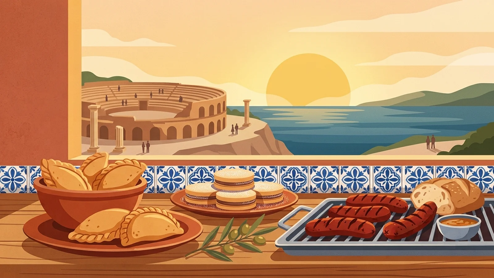 Comida argentina en Tarragona — empanadas y alfajores con silueta de la ciudad