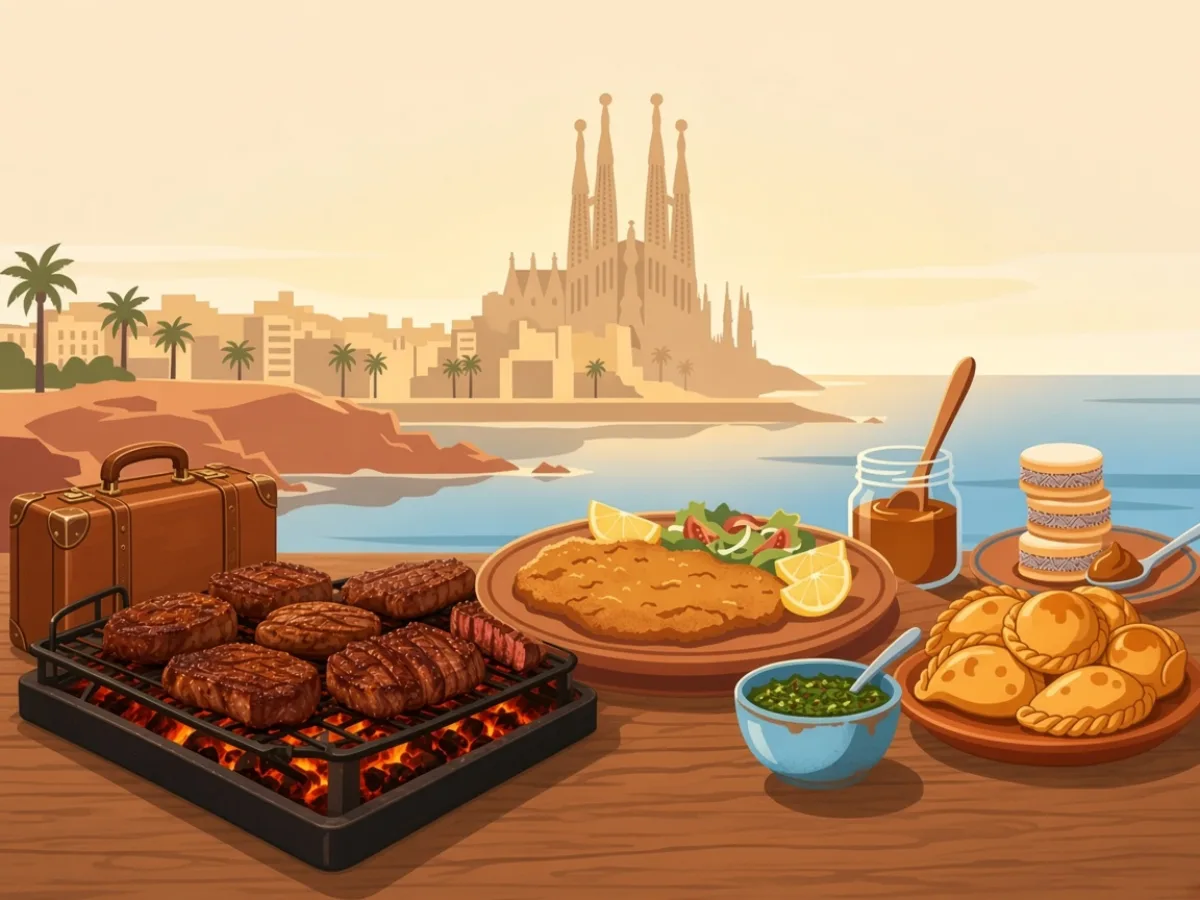 Small suitcase beside a grill with a Spanish coastal silhouette — you already live near the product