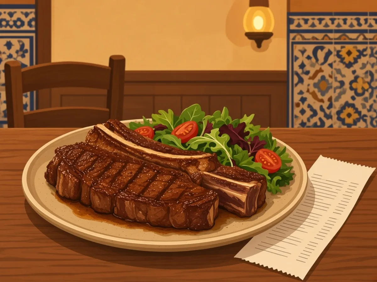 Blank receipt under a plate of asado and salad — a modest Madrid bill can beat a once-in-a-lifetime tasting