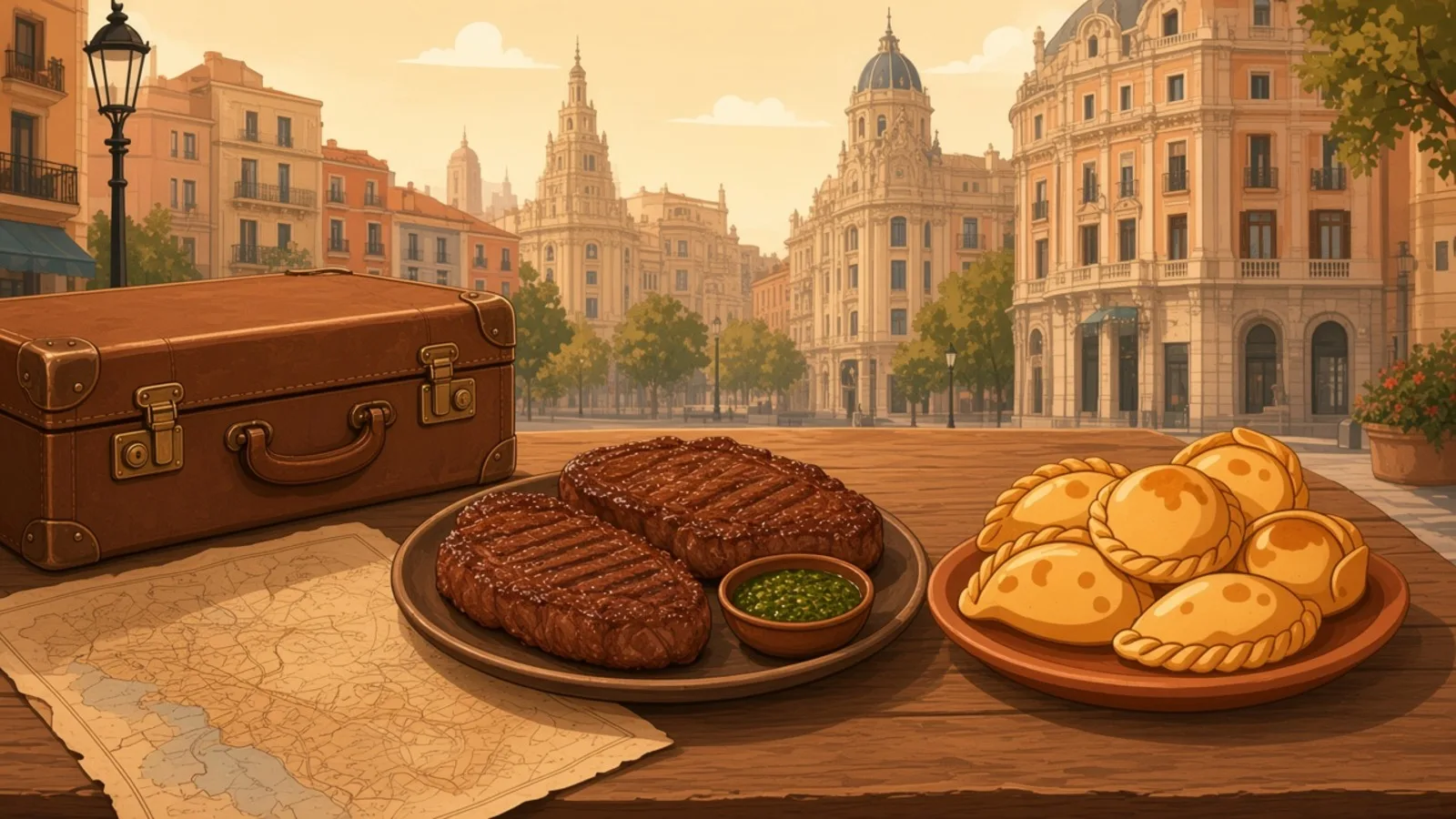 Suitcase beside a grill with a Spanish coastal city in the background